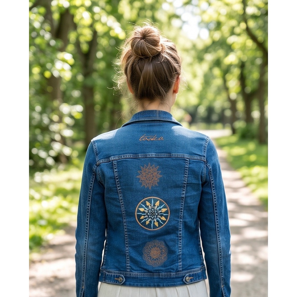 Taska M Karen Estefania Erraez Torano Denim Jacket Sun Mandala Patch Denim Blue